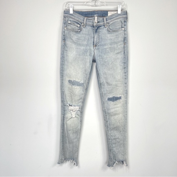 Rag & Bone Ankle Skinny Jeans in Lynn Holes 28 Chewed Hem Patchwork Light Wash - Picture 5 of 16